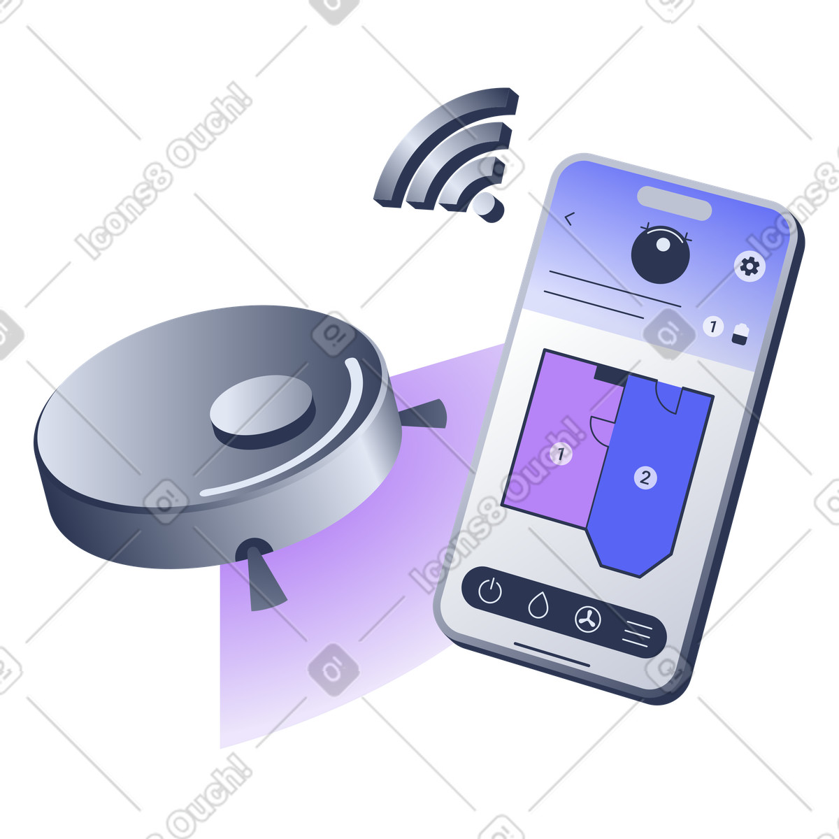 Robot vacuum with smartphone control, IoT Home Device Remote Access, Smart App Control illustration in Lucent style download in PNG, SVG