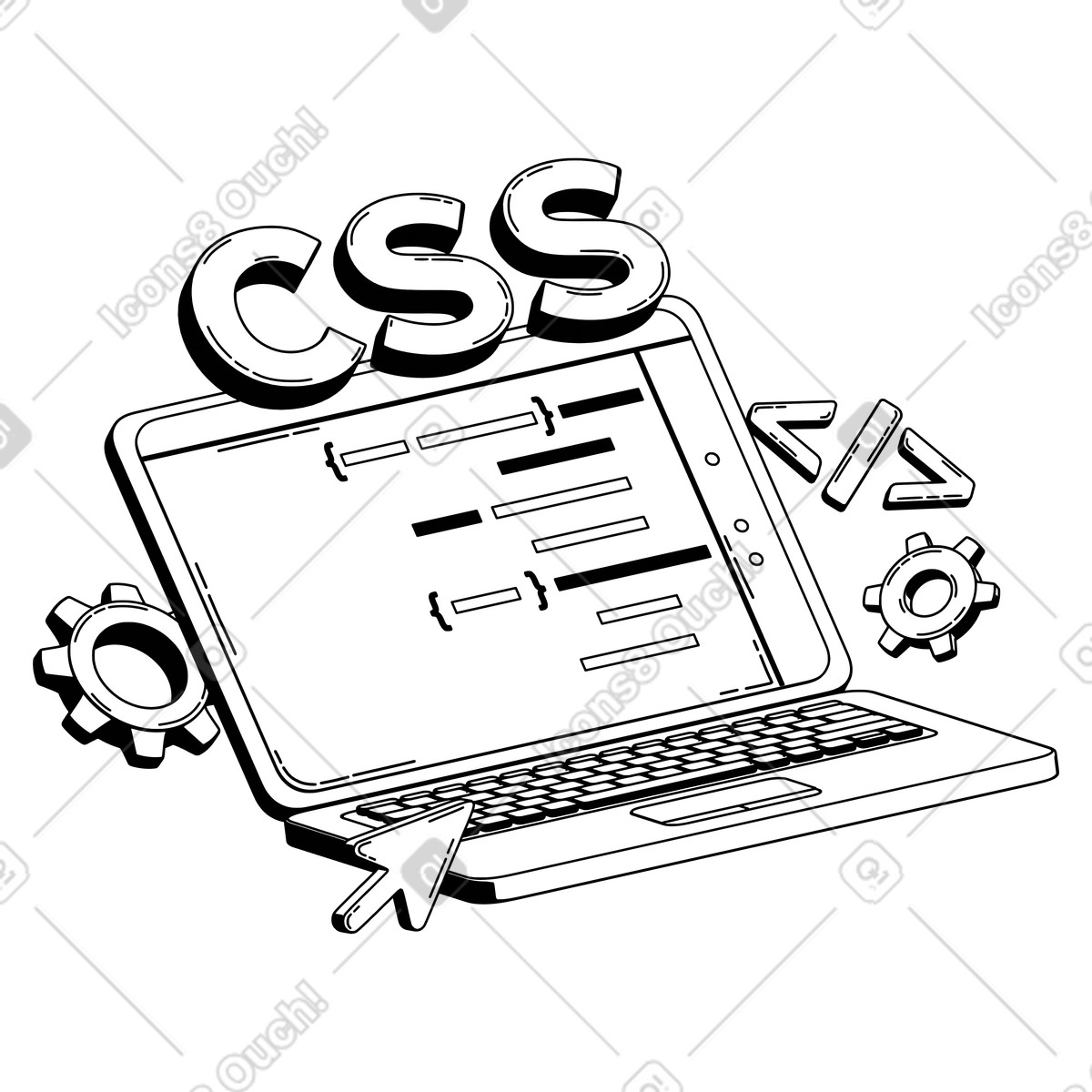 Анимированная иллюстрация Надпись css над редактором кода на ноутбуке, синтаксис для программирования таблиц стилей. в стиле 3D Techny Line — скачать в форматах GIF, Lottie (JSON), AE