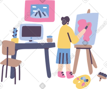 Woman painting a picture on canvas at home PNG, SVG