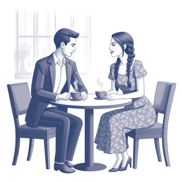 Two people sitting at a small round table in a cozy café setting. One person is a man with short black hair and wearing a traditional dark suit, while the other is a woman with long braided hair dressed in a colorful dress, featuring intricate patterns. They are leaning slightly towards each other, both smiling, with steaming cups of coffee in front of them. The background includes soft shadows of café furniture and a window with light filtering in, creating an inviting atmosphere.