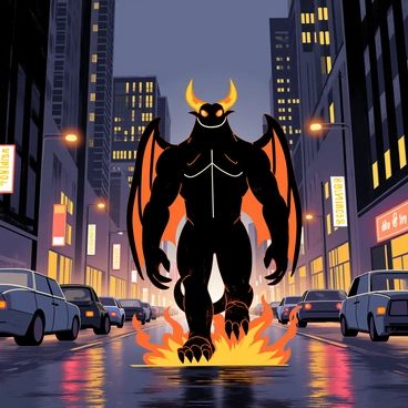 A Balrog walking through the empty streets of a modern city at night