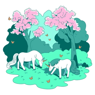 A teal grove is filled with lush, green grass. Several unicorns with shimmering white coats are peacefully grazing among the vibrant foliage. Above them, there is a canopy of blooming trees with pink and white flowers, creating a soft, dappled light on the ground below. The unicorns have flowing manes that flutter gently in the breeze, and their horns glimmer softly. A few butterflies in varying shades of orange flutter around the flowers, adding life to the serene scene.