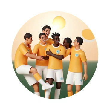 A diverse group of five athletes celebrating a victory on a sports field. They are wearing matching team uniforms in bright colors, consisting of jerseys and shorts, with their team logo prominently displayed. The athletes are smiling widely, with expressions of joy and excitement. Each athlete is engaged in high-fives and hugs with one another, showcasing camaraderie and teamwork. The sun is shining brightly in the background, enhancing the vibrant atmosphere of celebration.