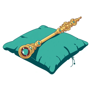 A golden scepter with intricate designs carved into its surface is resting on a plush teal velvet cushion. The scepter features ornate patterns and gems embedded along its length, glinting in the light. The velvet cushion, deep and luxurious, has folds that accentuate the scepter's elegance. The background is softly blurred to keep the focus on the scepter and the cushion.