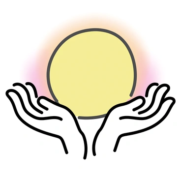 A pair of hands, with fingers outstretched, is positioned in front of a large, round sun that is setting on the horizon. The sun emits a warm, golden glow that illuminates the hands, creating a soft light around them. The background features a gradient of colors transitioning from deep orange to soft pink as the day turns to night. The hands, with slight details like fingernails and skin texture, are the focal point, accentuated by the radiant light.