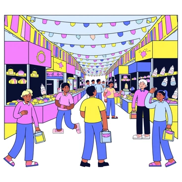 A busy bazaar filled with colorful stalls. Each vendor is displaying various Holi-themed crafts, including vibrant colored powders in small bags and intricately designed decorative items. There are strings of colorful paper garlands hanging from the stalls. People of different ages are browsing through the items, some holding bags filled with their purchases. Bright banners and festive decorations adorn the bazaar, creating a lively atmosphere. Sunlight filters through, illuminating the vibrant colors of the crafts and the joyful faces of the shoppers.