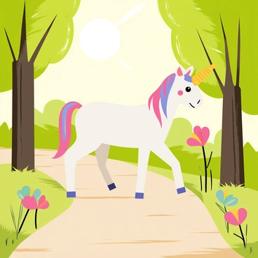 A unicorn with a shimmering white coat and a spiraled golden horn is walking along a forest path. The path is surrounded by tall green trees with lush foliage. Sunlight filters through the leaves, creating patches of bright light on the ground. The unicorn's mane flows gracefully, and colorful flowers bloom along the sides of the path. A few small birds can be seen perched on the branches, adding life to the scene.
