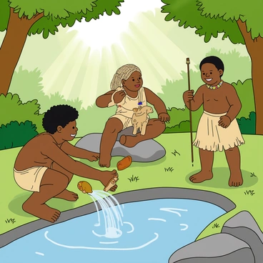A group of three hunter-gatherer children playing joyfully near a small, gently flowing stream. The first child, a boy with dark skin and curly black hair, is crouched down, using a handmade wooden toy to splash water. He wears a simple woven grass skirt. The second child, a girl with light brown skin and long braids adorned with colorful beads, is seated on a smooth rock, holding a carved wooden animal in her hands. She is dressed in a light fabric top and shorts made from leaves. The third child, another boy with short hair and a playful smile, stands nearby, pretending to fish with a stick. He wears a necklace made of small shells. The lush greenery surrounds them, with sun rays filtering through the trees, creating a warm, inviting atmosphere.