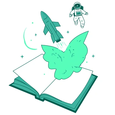 A teal spaceship is soaring into the air, emerging from the center of an open white book. The pages of the book are slightly curled upward, suggesting movement. Two astronauts in white suits with teal accents are floating above the book, looking excitedly at the spaceship. The background is filled with a few scattered stars to indicate it's outer space, enhancing the adventurous scene. The overall composition gives a sense of whimsy and exploration.