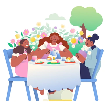Alya is sitting at a round table set in a lush garden, surrounded by her friends. She has long, curly brown hair and is wearing a pastel pink dress with floral patterns. The table is covered with a crisp white tablecloth and is adorned with an assortment of colorful treats. There are delicate pastries, cupcakes with various toppings, and a teapot with matching teacups. In the background, vibrant flowers bloom in a variety of colors, while green trees provide a shaded area. Alya is pouring tea into a cup, and her friends, who are laughing and chatting, are seated around the table, enjoying the delightful spread.