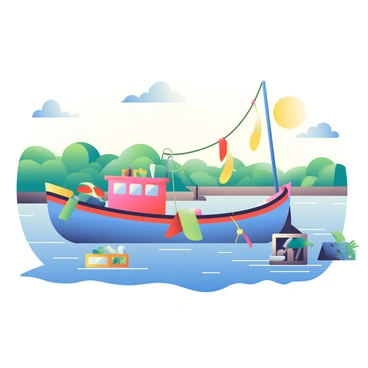 A colorful fishing boat with a bright blue hull and a red cabin is docked at a delta. The boat is adorned with several fishing nets hanging over the side, and various pieces of fishing gear are scattered around the deck. In the background, the delta features lush green vegetation and gently flowing water. Sunlight glistens on the water's surface, creating reflections of the boat. There are also a few small crates filled with freshly caught fish stacked nearby, adding to the scene's vibrant activity.