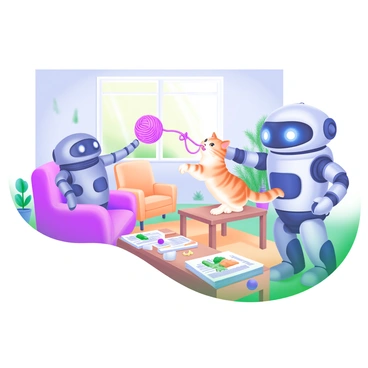 A cozy living room scene featuring a playful AI robot with a sleek, metallic body and bright LED eyes, engaging with a fluffy pet cat. The cat, a playful tabby with orange stripes, is swatting at a colorful yarn ball. The robot is reaching down with one hand, extending a small toy mouse towards the cat. Soft armchairs in pastel colors are positioned around a low coffee table stacked with magazines. A warm rug lies underneath a wooden coffee table, and there are potted plants scattered around the room. Sunlight streams in through a window, creating a warm ambiance.