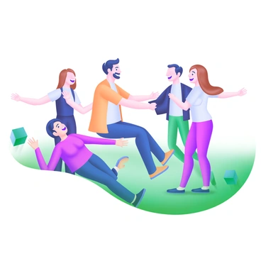 A group of five coworkers participating in a trust fall exercise outdoors. One person is standing with their back to the group, preparing to fall backward. The other four individuals are positioned behind, with arms outstretched, ready to catch. They are smiling and showing expressions of encouragement. The background features green grass and a few trees, suggesting a bright, sunny day. Each coworker is dressed in casual attire, enhancing the friendly and collaborative atmosphere of the activity.