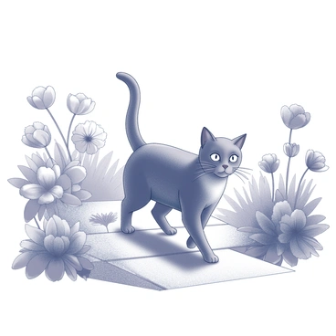 A cat with sleek fur is walking on a garden path. The path is bordered by various flowers in bloom, showcasing their different shapes and sizes. The cat moves with elegance, its tail held high, as it navigates between the vibrant floral arrangements. The scene captures the harmony of nature, with the garden path winding gently through the foliage.