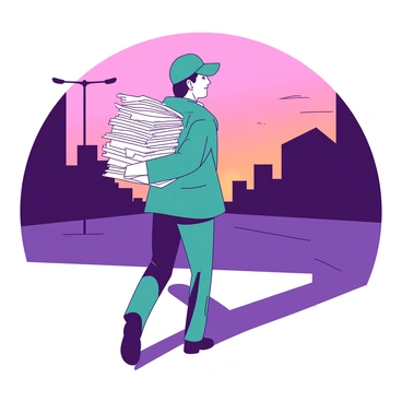 A courier dressed in a teal jacket is walking along an empty street, with the early morning light casting a gentle glow. The courier is carrying a tall stack of letters in their arms, some letters are slightly spilling over the edges. In the background, the horizon displays a vibrant sunrise, with shades of orange and pink blending into the sky. The street is lined with silhouettes of buildings that are still in shadow, creating a stark contrast against the brightening sky.
