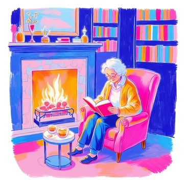 An elderly person is seated in a comfortable armchair, reading a book. The person has gray hair and is wearing a cozy cardigan. A soft blanket is draped over their lap. The warm glow of a fireplace illuminates the scene, casting flickering shadows. Nearby, a small side table holds a cup of tea and a pair of reading glasses. The room is filled with bookshelves lined with various books. A framed picture hangs on the wall above the fireplace.