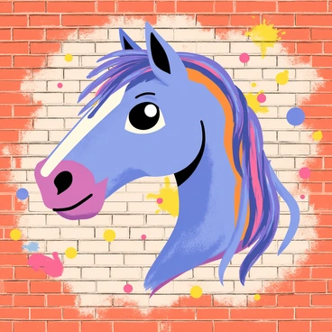 A brick wall with a textured surface serving as the background. The wall features a large, colorful graffiti-style illustration of a horse head. The horse head is depicted in vibrant shades of blue, purple, and orange, with flowing mane elements that blend into swirling patterns around it. The eyes of the horse are expressive and detailed, capturing a sense of energy and movement. The graffiti art is framed by splashes of paint in various colors, enhancing the dynamic appearance of the image.