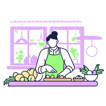 A cozy kitchen scene is depicted with a chef engaged in the preparation of a potato dish. The chef, wearing a white chef's coat and a green apron, is focused on chopping fresh potatoes on a wooden cutting board. The counter is adorned with a variety of fresh potatoes, ranging in size and texture. Surrounding the potatoes are sprigs of green herbs such as parsley and rosemary, along with a small bowl holding peeled garlic cloves. In the background, there are hanging pots and pans, and a window revealing soft light filtering into the room. A bowl of mixed vegetables is placed next to the chef, creating a lively atmosphere.