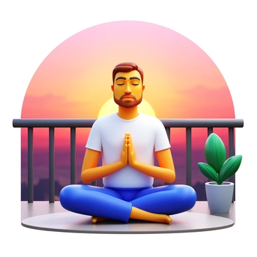 A man meditating on a balcony at sunrise, practicing deep breathing exercises