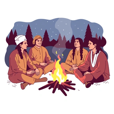 A warm illustration shows "Sam Houston" sitting cross-legged next to a crackling campfire, surrounded by "Native American leaders" dressed in traditional attire. The fire casts a soft glow, illuminating their faces as they engage in a respectful and peaceful dialogue. The leaders are depicting a variety of expressions, showcasing wisdom and attentiveness. The background is filled with "tall trees" and "starlit sky". Each figure is engaged in the conversation, with hand gestures emphasizing their points. The scene conveys a feeling of tranquility and mutual respect among the individuals gathered around the fire.