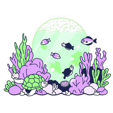 An underwater world teems with life and diversity. Various coral formations rise from the ocean floor, displaying intricate textures and shapes. Among the coral, exotic sea creatures swim gracefully. There are fish with distinct patterns and unique fins gliding through the water. A curious sea turtle navigates around the coral, while a vibrant octopus clings to a rock, showcasing its color-changing ability. Sunlight filters down through the water's surface, casting a shimmering effect across the scene.
