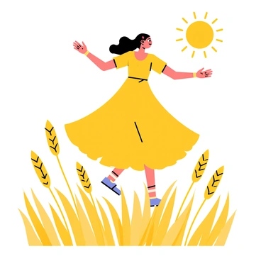 A person wearing a bright yellow dress is spinning joyfully with their arms wide open in the center of a golden wheat field. The wheat stalks sway gently in the breeze, creating a dynamic backdrop. The sun shines brightly overhead, casting cheerful light across the scene. The person's hair flows freely as they twirl, capturing the essence of happiness in this vibrant outdoor setting.