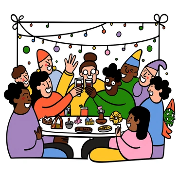 A festive room filled with a diverse group of people, all raising glasses of mulled wine in a cheerful toast. The room is decorated with colorful strings of lights and holiday ornaments. In the foreground, a light-skinned woman with big eyes and long dark hair is smiling as she clinks glasses with a dark-skinned man with big eyes and short curly hair. Around them, other guests, including individuals of various skin tones and styles, are laughing and enjoying the warm atmosphere. The table is adorned with holiday treats and decorations, creating a joyful celebration scene.