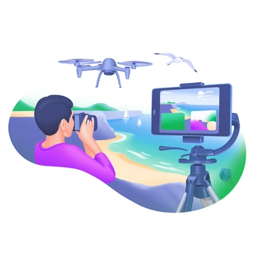 A modern pastel illustration depicting a photographer operating a UAV. The UAV is hovering over a stunning coastline with sandy beaches and rocky cliffs. The ocean below reflects various shades of blue and green, with gentle waves lapping at the shore. In the distance, a few sailboats are visible on the water, while seagulls fly overhead. The photographer is focused on the UAV’s screen, showcasing images of the coastline being captured in real-time.