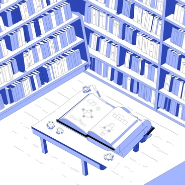 A library filled with rows of bookshelves, each shelf packed with books of various sizes. Each book is uniquely labeled, with titles indicating different enzymes. The spines of the books feature intricate designs symbolizing the reactions they catalyze. Some books are open, displaying pages filled with diagrams of molecular structures and arrows indicating reaction pathways. The library is illuminated by soft overhead lights, casting gentle shadows across the wooden floor. In the center, there is a large wooden table with an open book, showcasing a detailed illustration of a biochemical reaction, surrounded by small models representing various substrates and products.
