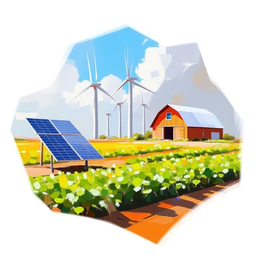 An illustration showcasing a vibrant field of crops, with rows of green plants growing healthily under a bright blue sky. To the left, there are several solar panels mounted on the ground, capturing sunlight effectively. In the background, a cluster of white wind turbines stands tall, their blades turning gently in the breeze. A rustic barn made of wood is visible in the scene, adding a touch of traditional farming. The overall composition highlights the harmony between nature and sustainable farming technology.