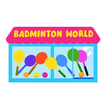 A colorful storefront of a badminton store featuring a large, eye-catching sign that reads "Badminton World" in bold letters. The front window showcases a vibrant display of various badminton rackets in an array of colors, including red, blue, yellow, and green. Several brightly colored shuttlecocks are arranged around the rackets to enhance the visual appeal. The store's entrance has glass doors, allowing a clear view of the merchandise inside, which includes apparel and accessories for badminton players. The overall atmosphere is lively and inviting, drawing attention to the sport.