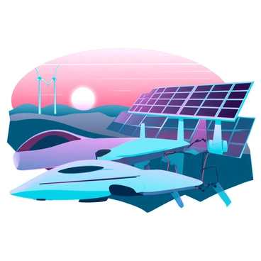 An electric plane with sleek, aerodynamic lines and a metallic finish is docked at a solar-powered charging station. The charging station features multiple large solar panels with a futuristic design, positioned at an angle to capture the early morning sunlight. In the background, a vibrant sunrise casts warm orange and pink hues across the sky, illuminating the scene. The landscape around the station consists of rolling hills with patches of greenery, and a few distant wind turbines can be seen, blending with the renewable energy theme. The plane’s propellers are in a stationary position, and cables connect the plane to the charging station, indicating the energy transfer process.