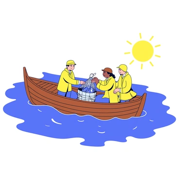 A wooden fishing boat is gently rocking on choppy blue waters. A group of three fishermen wearing yellow raincoats and matching hats are working together on the deck. One fisherman is pulling on a net filled with shimmering fish, while another is holding the edge of the net to keep it steady. The third fisherman is crouched beside them, preparing to help lift the fish into a large basket. The sun is shining down, creating glints of light on the water surface.