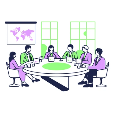 Delegates from various nations are seated around a round table in a modern conference room. The table is polished and has a green and purple design on its surface. Each delegate is dressed in formal attire, representing their respective countries, and is engaged in discussion. In front of each delegate, there are nameplates indicating their names and countries. The room features large windows allowing natural light to enter, and there are contemporary chairs around the table. A projector screen is mounted on the wall, displaying a world map.