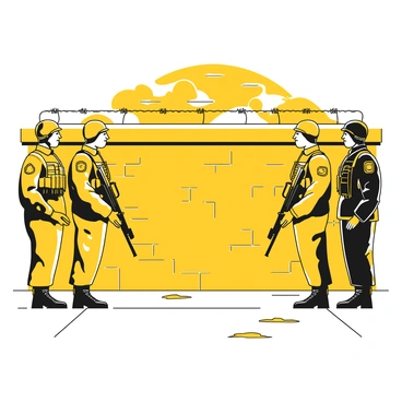 A group of soldiers standing in a tense stance facing each other at the Berlin Wall. One soldier wears a uniform indicative of East Berlin, while the other soldier is dressed in a West Berlin uniform. Both are equipped with military gear, including helmets and rifles, standing on opposite sides of the wall. The wall is marked with graffiti and visible barbed wire. Above them, the sky is filled with dark clouds, creating a dramatic atmosphere. The ground is concrete, showing signs of wear and tear.