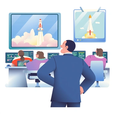 Jeff Bezos, a man with short dark hair and wearing a fitted blue suit, is standing in a modern control center. He is gazing intently at a large screen displaying a rocket launch. His face is illuminated with a bright smile, showcasing his excitement. Around him, various control panels with blinking lights and buttons are visible. Other team members in the background are seated at desks, focused on their monitors, and a large window reveals the rocket lifting off in the distance against a clear blue sky.