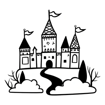 A grand fantasy castle featuring tall towers adorned with intricate designs. Each tower is topped with fluttering flags that billow in the wind. The castle walls are fortified with battlements and decorated with elaborate patterns. Surrounding the castle, there are trees with twisting branches and a winding path leading towards the entrance. In the foreground, there are stylized clouds framing the scene, adding depth to the composition.