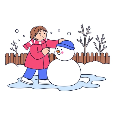A girl with brown hair wearing a red winter coat and a matching scarf is putting the finishing touches on a snowman in a snowy yard. The snowman has a round head made of snow, adorned with a carrot nose and two coal eyes. The girl is adding a blue hat on top of the snowman's head. Surrounding the snowman are patches of untouched white snow, and a few snowflakes are gently falling from the sky. In the background, there are bare trees and a wooden fence covered in snow.