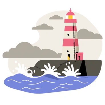 A tall lighthouse with white and red stripes stands firmly on a rocky cliff. Dark gray storm clouds swirl above, casting shadows across the landscape. Waves crash violently against the rocks at the base of the cliff, sending sprays of white foam into the air. The lighthouse emits a bright beam of light that pierces through the darkness, illuminating the turbulent sea. In the background, additional dark clouds gather, emphasizing the intensity of the storm.