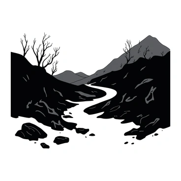 A winding path with a dark, shadowy appearance leads through hills that appear steep and foreboding. The hills are shrouded in an eerie mist that partially obscures their outlines, creating a sense of mystery. Sparse, twisted trees are scattered along the sides of the path, their gnarled branches reaching out like skeletal fingers. The landscape features patches of uneven ground, with jagged rocks jutting out in places, adding to the ominous atmosphere. The overall scene is dimly lit, enhancing the feeling of an unsettling journey ahead.