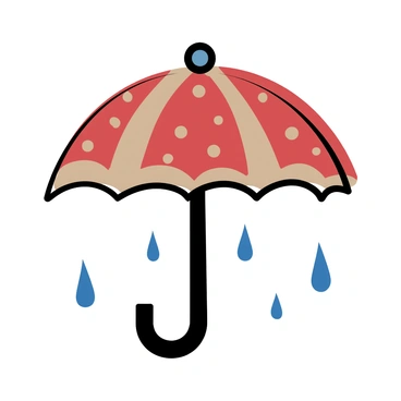 An umbrella with a polka-dot pattern held open in the rain, with raindrops falling around it.