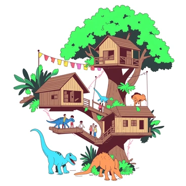 A vibrant scene showcases a village of interconnected treehouses perched high among the branches of large, leafy trees. The treehouses are constructed from natural wood, with bright green foliage surrounding them. People can be seen moving about, some interacting with small dinosaurs that roam freely in the area. The dinosaurs vary in size and type, including a small blue velociraptor playing near a treehouse and a larger orange triceratops grazing on nearby plants. The atmosphere is lively, with wooden bridges connecting the treehouses and colorful banners hanging between them.