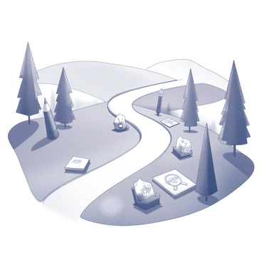 A whimsical path showing an artist’s journey from simple drawings to complex illustrations, with funny detours.