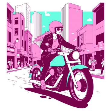 A pink biker girl wearing a black leather jacket and a stylish helmet rides confidently on a teal motorcycle. She has long hair flowing behind her as she speeds through a bustling cityscape. Skyscrapers in various shapes and sizes tower in the background, reflecting sunlight. The streets are filled with colorful storefronts and people walking, creating a lively urban atmosphere. Her motorcycle's wheels are in motion, kicking up a bit of dust on the asphalt road.