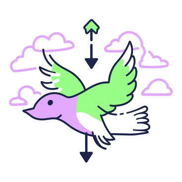A bird with an outstretched wingspan is soaring high in the sky. The bird is positioned centrally, showcasing its detailed feathers. Above the bird, there are arrows indicating lift, pointing upwards, and below it, arrows illustrating gravity, pointing downwards. The arrows are arranged clearly to highlight the relationship between the bird and the forces acting upon it. Wispy clouds can be seen in the background, adding depth to the scene.