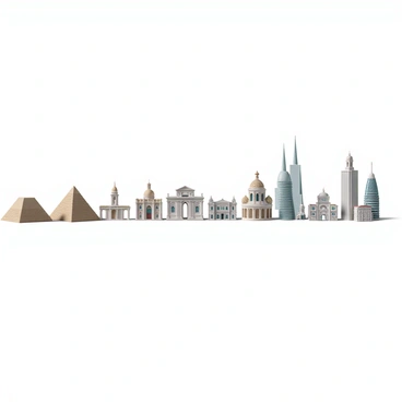 A detailed visualization of architectural styles throughout history. The image shows a timeline starting with "ancient pyramids" made of large stone blocks, symbolizing early civilizations. Next to them are "Classical Greek columns" with intricate designs, followed by "Roman arches" demonstrating engineering advancements. The scene continues with "Gothic cathedrals" featuring pointed arches and stained glass windows. Moving forward, there are "Renaissance structures" showcasing symmetry and proportion. The depiction then transitions to "Baroque architecture" with elaborate decorations and curves. Following this, modern examples of "Art Deco buildings" appear, displaying geometric shapes and vibrant colors. Finally, contemporary designs are represented by sleek, minimalistic structures made of glass and steel, capturing the essence of modern architecture. The entire composition flows seamlessly from ancient to modern styles, illustrating the evolution of architectural design.
