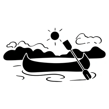 A canoe with an elongated shape is centered in the image, featuring a detailed design of the hull and paddles. The silhouette of the canoe stands out prominently against the backdrop of a large sun setting on the horizon. The sun appears as a large dark circle, with the rays extending outward, framing the canoe. Surrounding the canoe, the scenery includes smooth water reflecting the sunset, creating a tranquil surface that adds depth to the composition. The sky is filled with layers of textured clouds, adding to the dramatic effect of the scene.