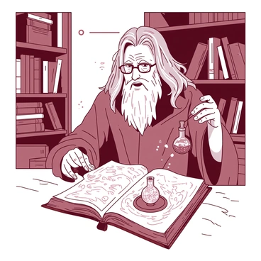An elderly man with long silver hair and a flowing robe is seated at a wooden table. He is holding a small, intricate vial filled with swirling memories, examining it closely. Beside him, an open Pensieve book displays a shimmering, reflective surface with swirling mist rising from it. The room is filled with shelves lined with various magical artifacts and books. A soft light illuminates the scene, creating a warm atmosphere around the man.