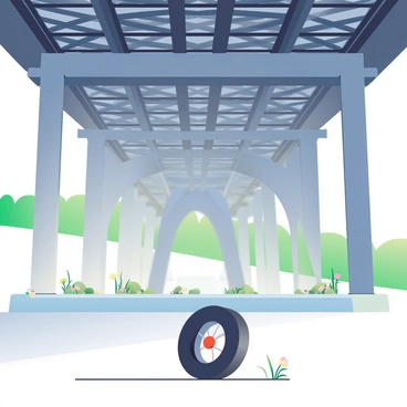 A black bike tire is rolling on a concrete surface beneath a massive city bridge overpass. The overpass features large gray columns supporting it, with intricate patterns of shadows cast on the ground. In the background, the underside of the bridge reveals a network of metal beams and supports. Strewn along the edges are small patches of greenery, including tufts of grass and scattered wildflowers, contrasting with the urban environment. The scene is bathed in soft, diffused light filtering through gaps in the bridge structure.