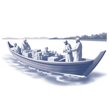 A wooden boat is floating along the Euphrates River. The boat is filled with various goods, including crates and bundles, indicating a busy trading operation. Several merchants are onboard, engaged in conversation and handling their cargo. The riverbanks are lined with lush vegetation, and a distant view of mountains appears on the horizon. The scene captures the movement of the boat as it glides smoothly over the water, reflecting the activity of commerce in the region.